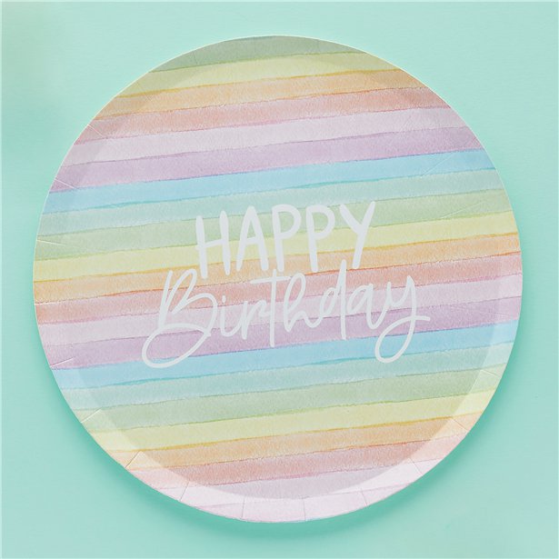 Eco Pastel Rainbow Happy Birthday Paper Plates - 23cm (8pk)