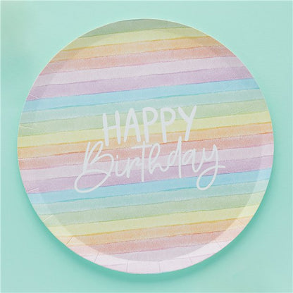 Eco Pastel Rainbow Happy Birthday Paper Plates - 23cm (8pk)