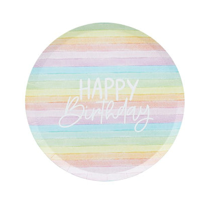 Eco Pastel Rainbow Happy Birthday Paper Plates - 23cm (8pk)