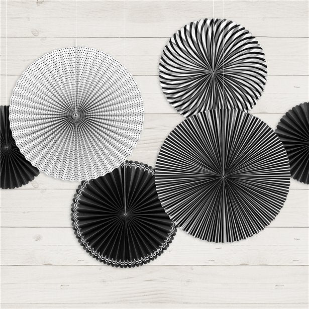 Black & White Paper Fan Decorations - 40cm (5pk)
