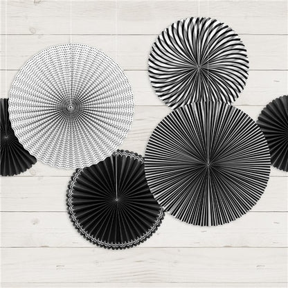 Black & White Paper Fan Decorations - 40cm (5pk)