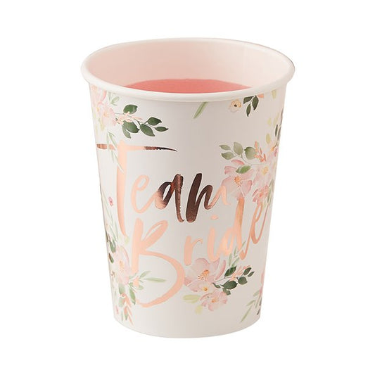 Floral Hen Party 'Team Bride' Paper Cups - 255ml (8pk)