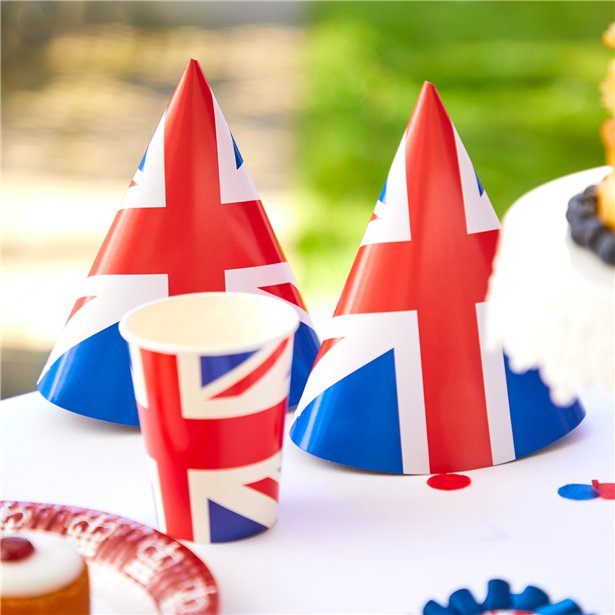 Union Jack Cone Party Hats - 17cm (6pk)