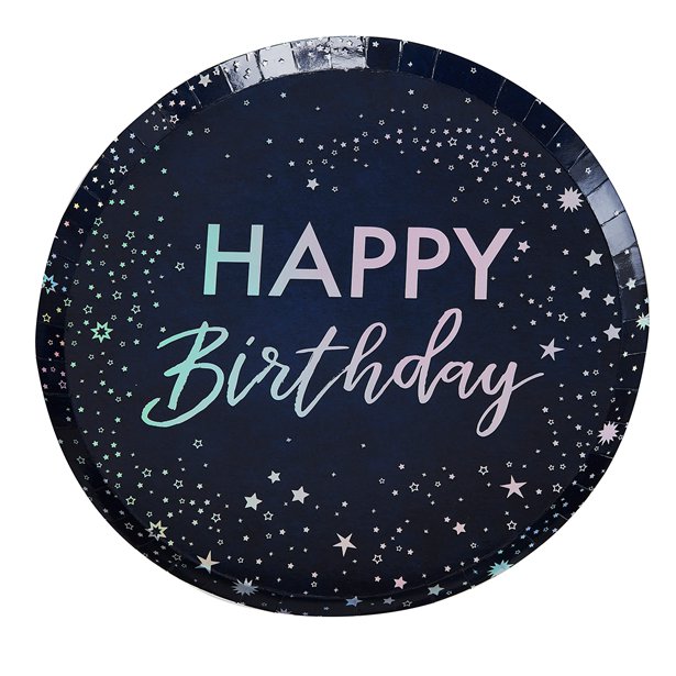 Iridescent Foiled 'Happy Birthday' Paper Plates - 24.5cm (8pk)