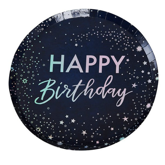 Iridescent Foiled 'Happy Birthday' Paper Plates - 24.5cm (8pk)