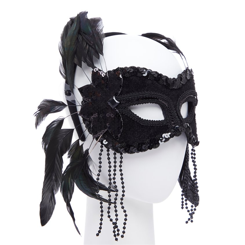 Black Masquerade Mask with Feathers & Beads – product image 2