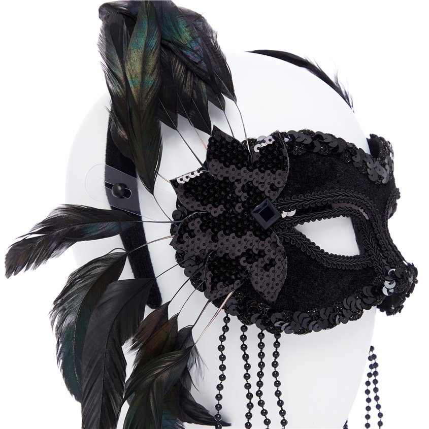 Black Masquerade Mask with Feathers & Beads – product image 4