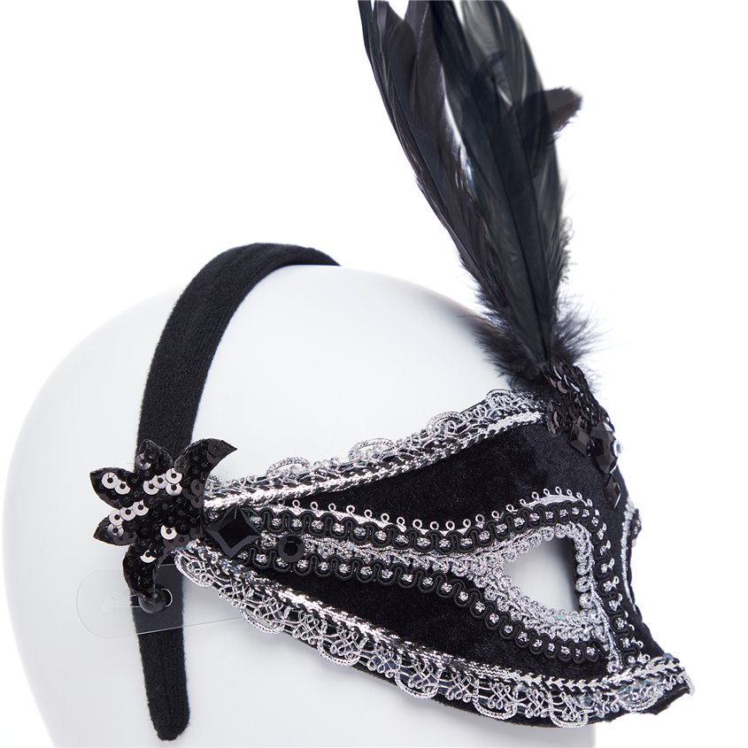 Black Velvet Masquerade Mask with Feathers – product image 3