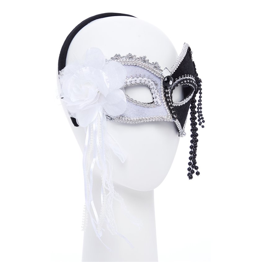 Black & White Masquerade Mask with Feathers & Beads – product image 2