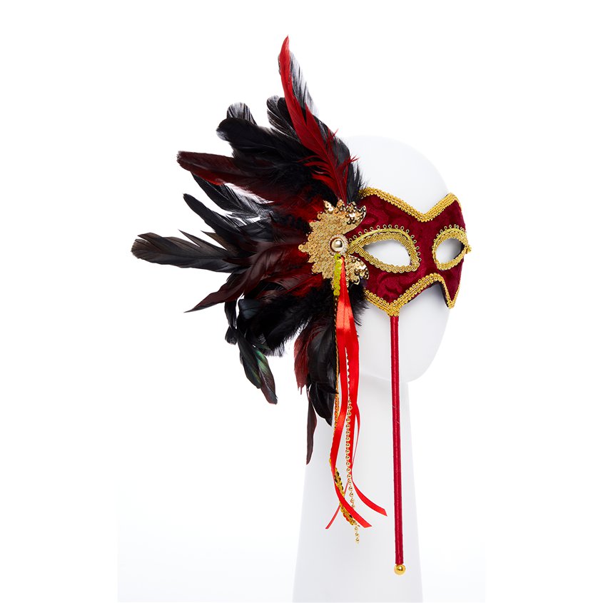 Red & Gold Masquerade Mask on Stick with Feathers – product image 2