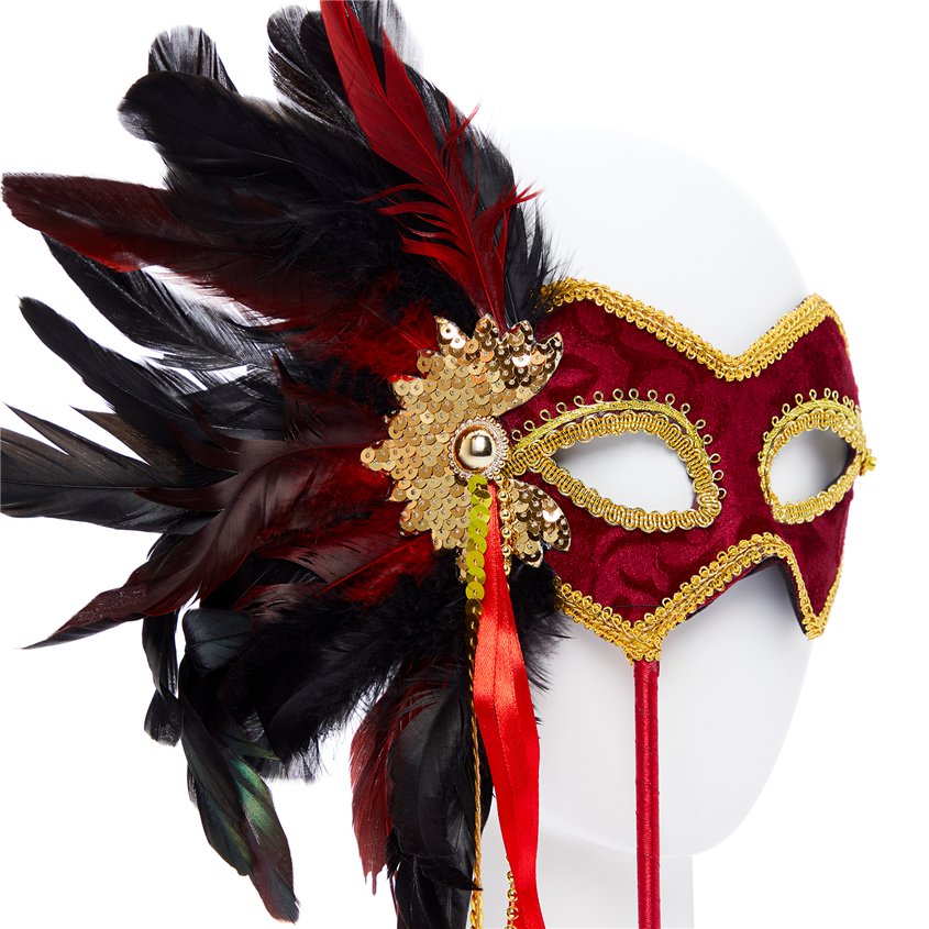 Red & Gold Masquerade Mask on Stick with Feathers – product image 3
