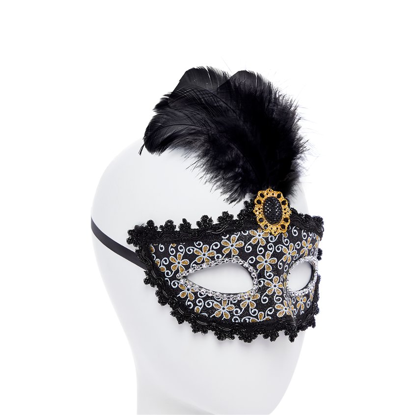Black Glittery Masquerade Mask with Tall Feather & Gem – product image 2
