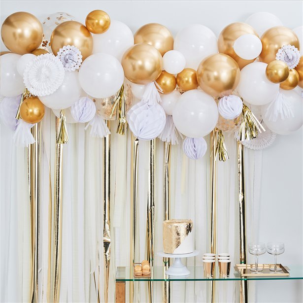 Gold Mix Balloon Garland with Decorations - 80 Balloons