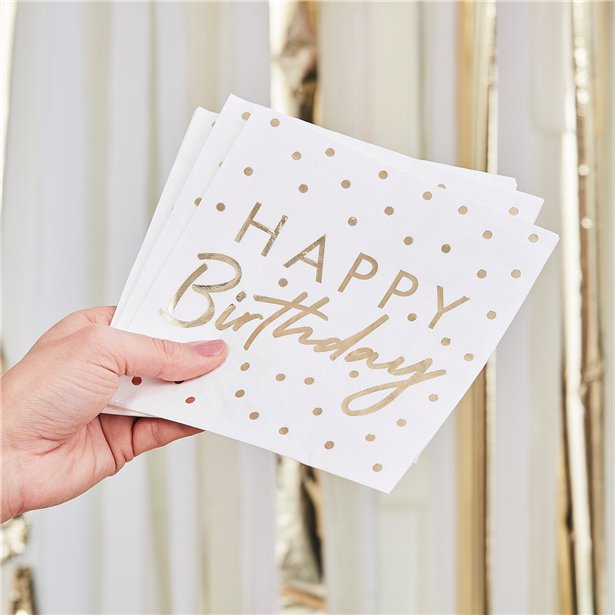 Gold Foiled 'Happy Birthday' Paper Napkins - 33cm (16pk)