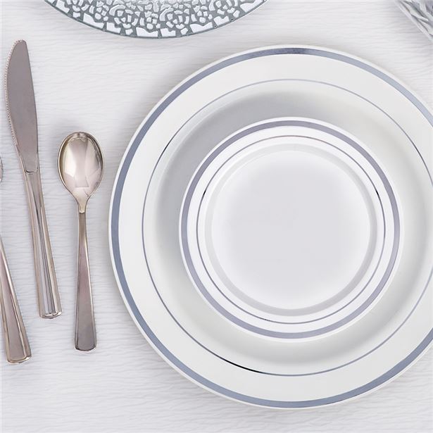 Premium White with Silver Trim Plastic Plates - 19cm (20pk) – product image 2
