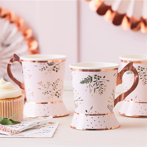 Rose Gold Floral Paper Tea Cups -255ml (8pk)