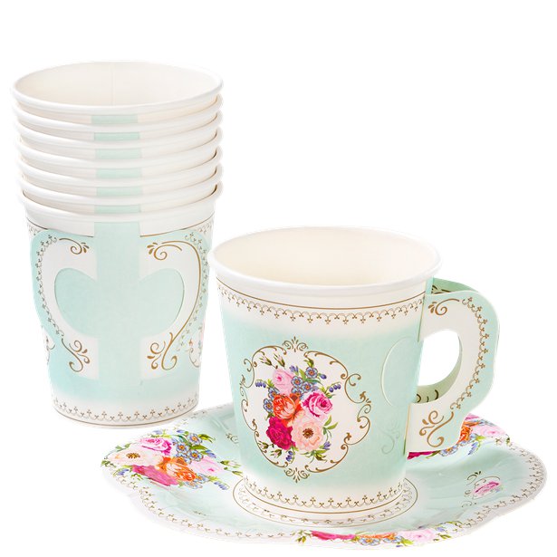 Vintage Tea Party Paper Cups with Saucers (12pk)