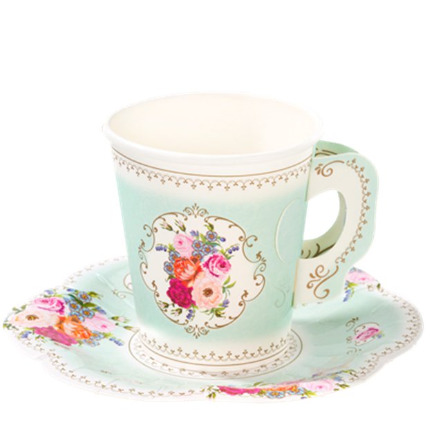 Vintage Tea Party Paper Cups with Saucers (12pk)