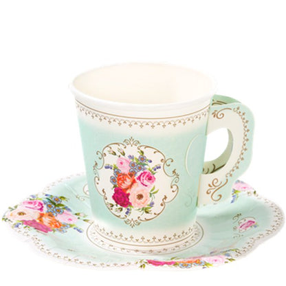 Vintage Tea Party Paper Cups with Saucers (12pk)