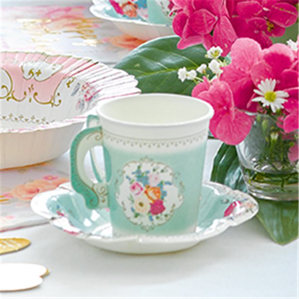 Vintage Tea Party Paper Cups with Saucers (12pk)