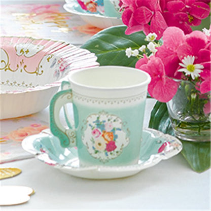 Vintage Tea Party Paper Cups with Saucers (12pk)