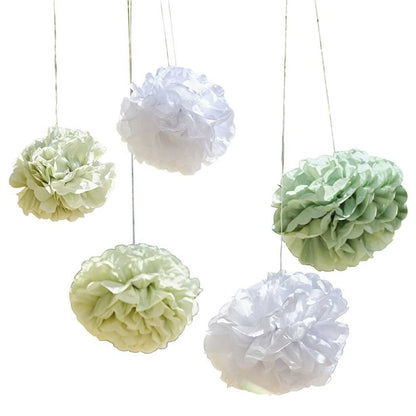 Green and White Paper Pom Pom Decorations (5pk)