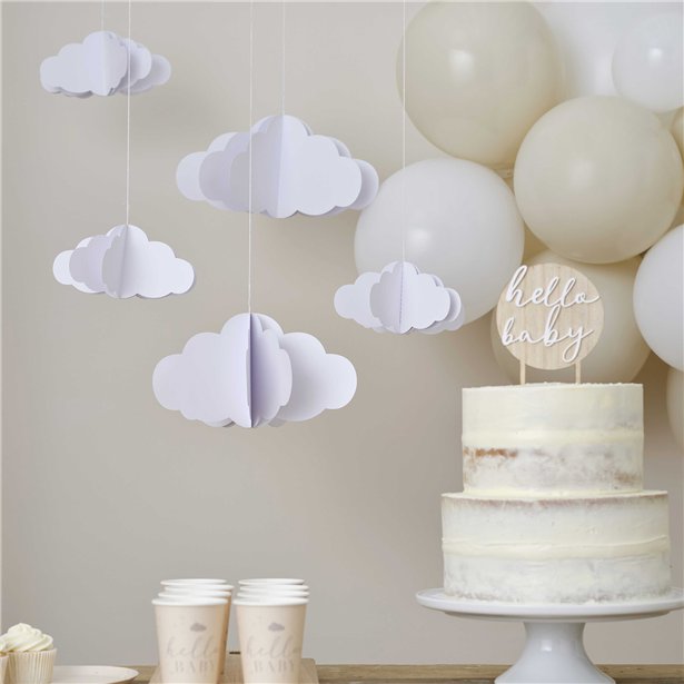 White 3D Clouds Paper Hanging Decorations (5pk)