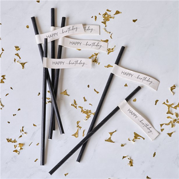 Black Happy Birthday Paper Straws (16pk) – product image 1