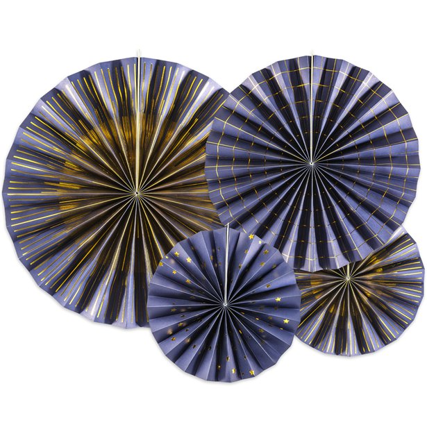 Navy Blue & Gold Mix Fan Decorations (4pk) – product image 1