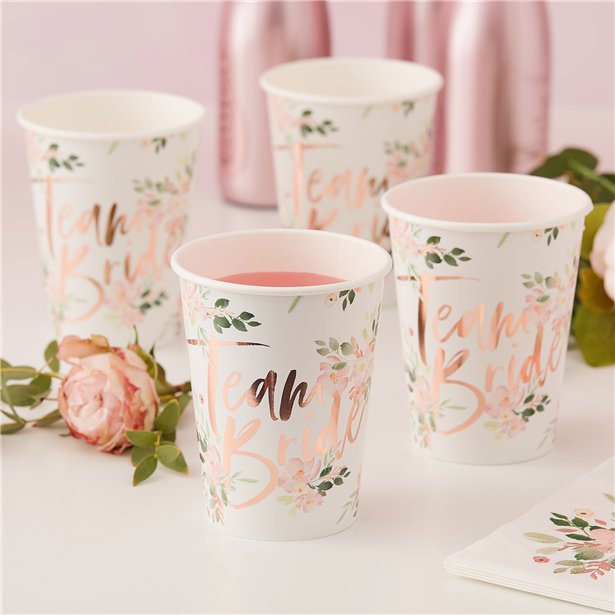 Floral Hen Party 'Team Bride' Paper Cups - 255ml (8pk)