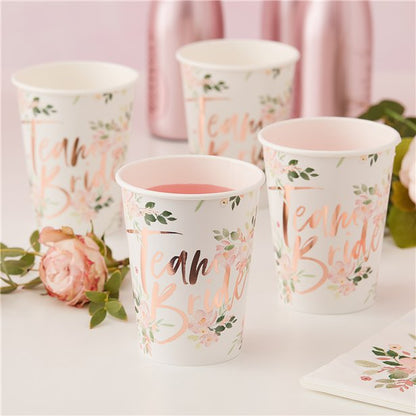 Floral Hen Party 'Team Bride' Paper Cups - 255ml (8pk)