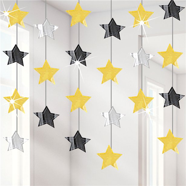 Gold Silver & Black Star Hanging Strings Decoration - 2.1m (6pk)