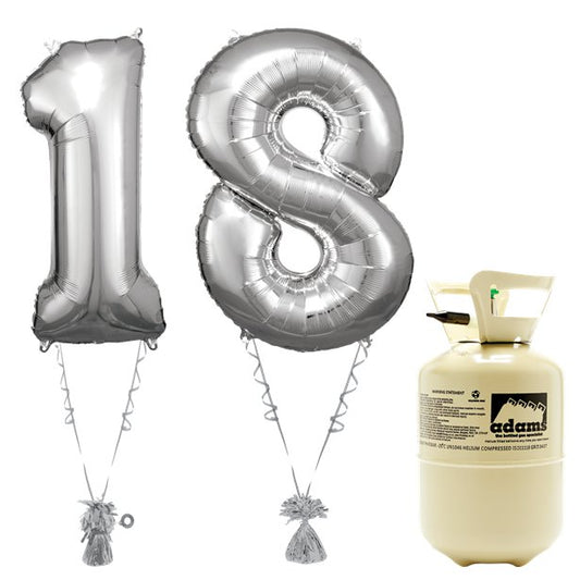 Age 18 Silver Foil Kit With Helium, Ribbon and Weights