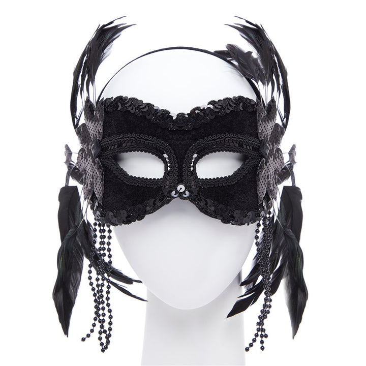 Black Masquerade Mask with Feathers & Beads – product image 1