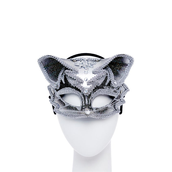 Silver & Black Jewelled Cat Masquerade Mask – product image 1