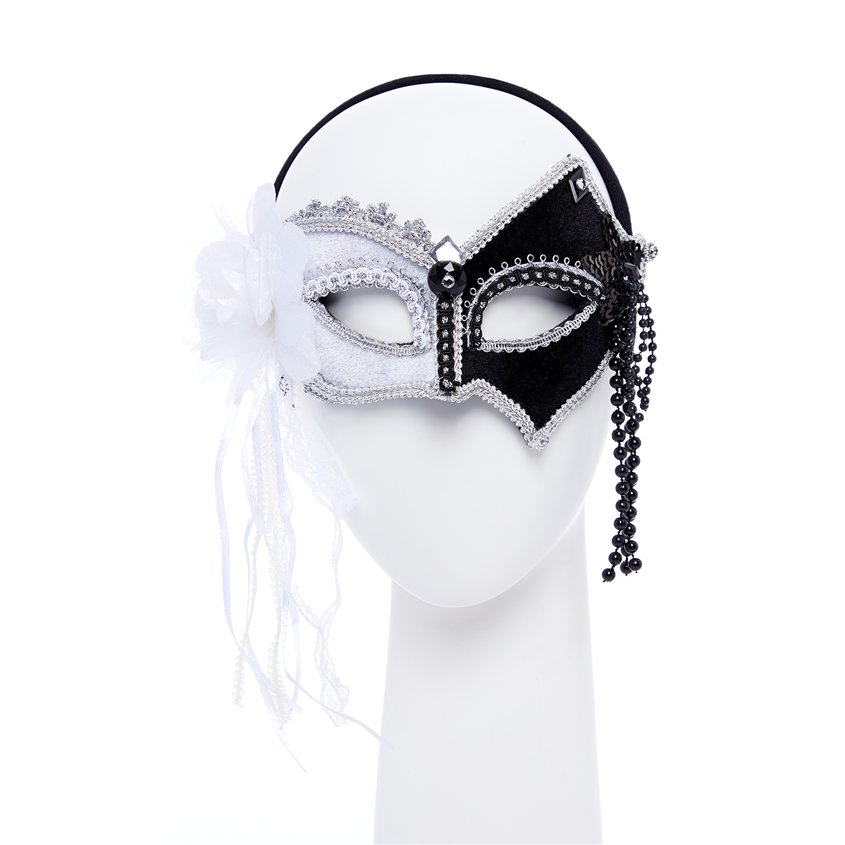 Black & White Masquerade Mask with Feathers & Beads – product image 1