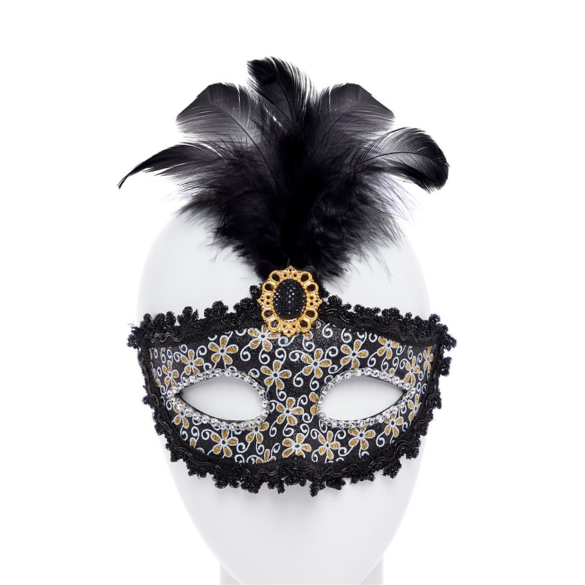 Black Glittery Masquerade Mask with Tall Feather & Gem – product image 1