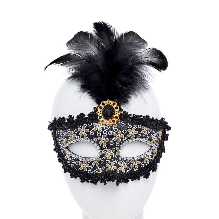 Black Glittery Masquerade Mask with Tall Feather & Gem – product image 1