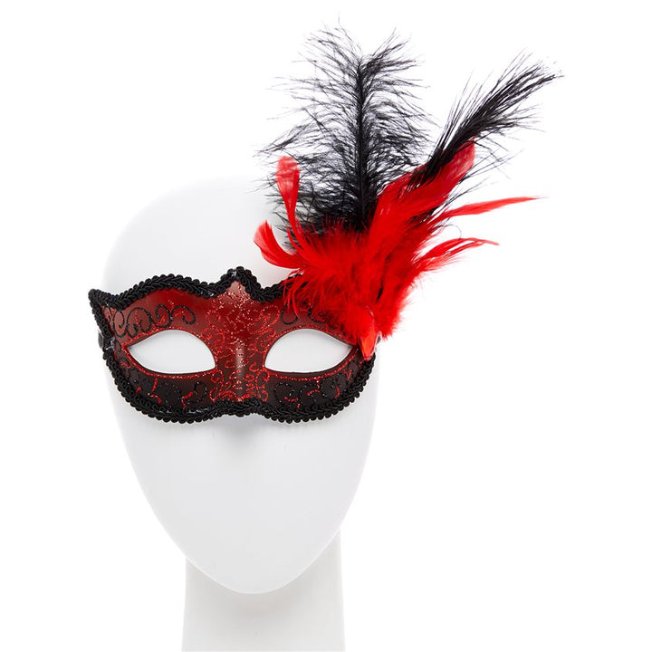 Red Masquerade Mask with Glitter & Feathers – product image 1
