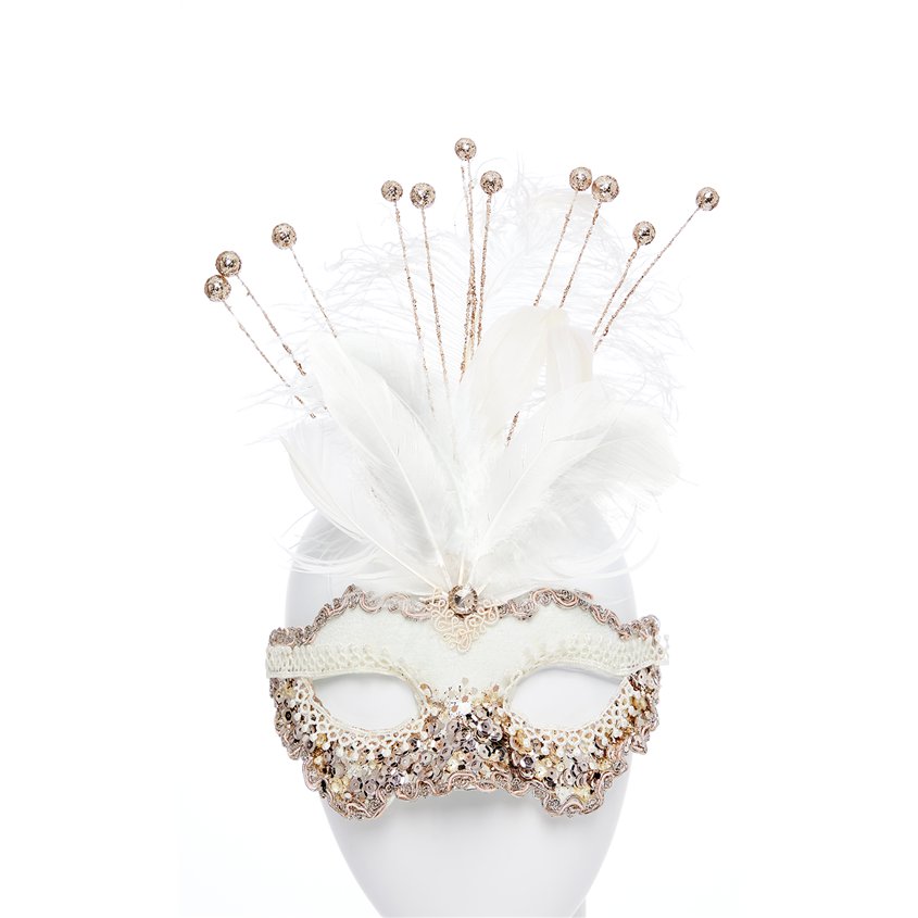 White Masquerade Mask with Sequins, Glitter & Feathers – product image 1