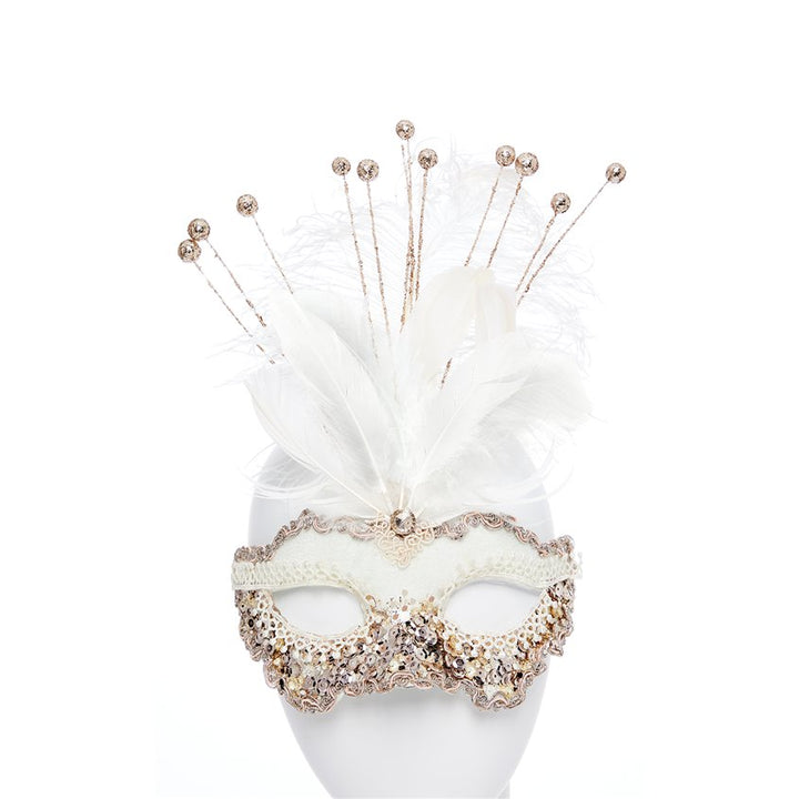 White Masquerade Mask with Sequins, Glitter & Feathers – product image 1