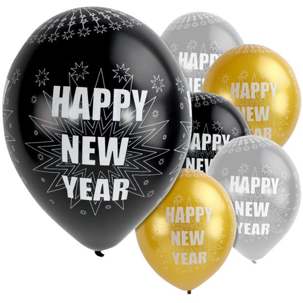Happy New Year Sparkling Silver & Black Balloons - 11" Latex (6pk) – product image 1