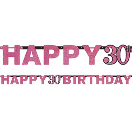 Pink 'Happy 30th Birthday' Holographic Paper Letter Banner - 2m