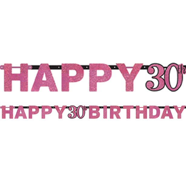 Pink 'Happy 30th Birthday' Holographic Paper Letter Banner - 2m – product image 1