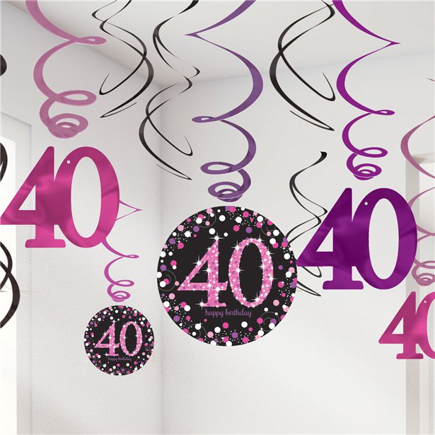 Pink Age 40 Hanging Swirls - 45cm (12pk)