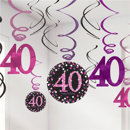 Pink Age 40 Hanging Swirls - 45cm (12pk)