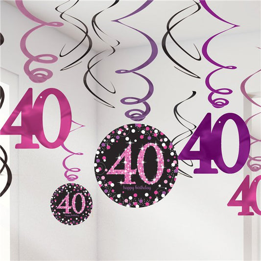 Pink Age 40 Hanging Swirls - 45cm (12pk)