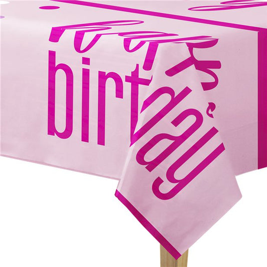 Pink 'Happy Birthday' Plastic Table Cover - 1.37m x 2.1m