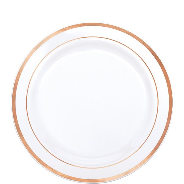 Premium White with Rose Gold Trim Plastic Dessert Plates - 19cm (20pk) – product image 1