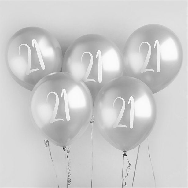 Silver 21st Milestone Balloons - 12" Latex (5pk)